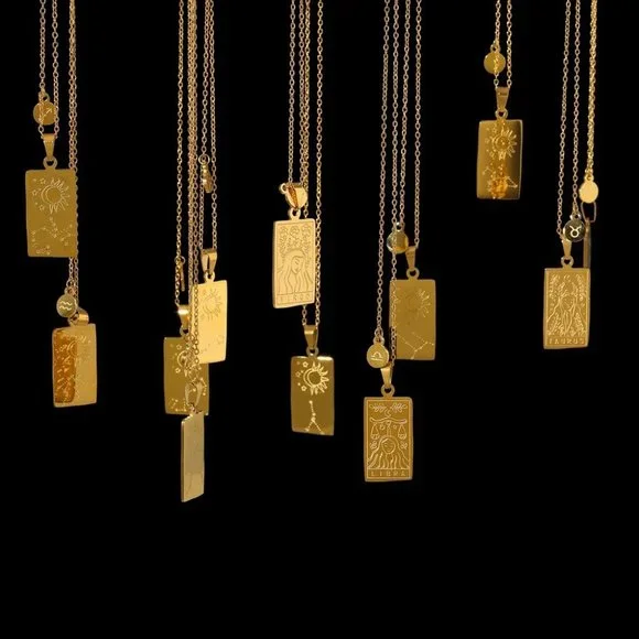 NEW 18K Gold Plated Gemini Sign Zodiac Tarot Card Square Pendant Ne… - Picture 2 of 14
